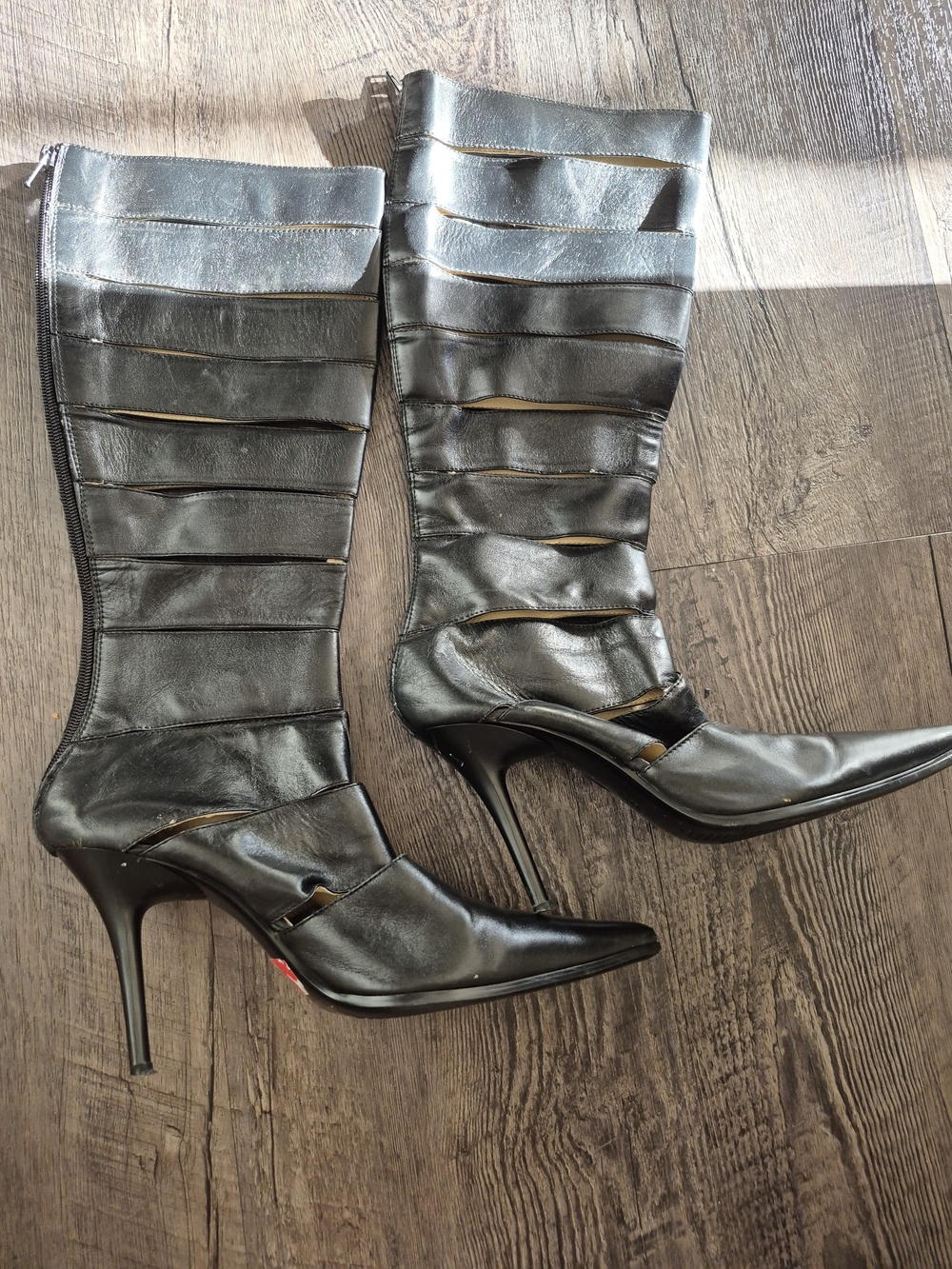 💕Made In Italy Black Strappy Knee-High Stiletto Boots SZ 8.5💕